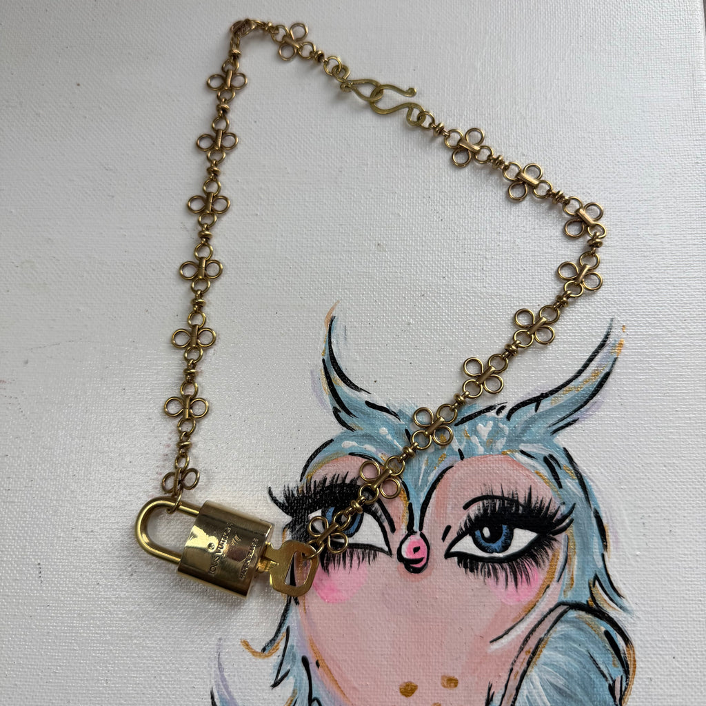 Key to My Heart Necklace - Upcycled LV Padlock on Floral Brass Chain