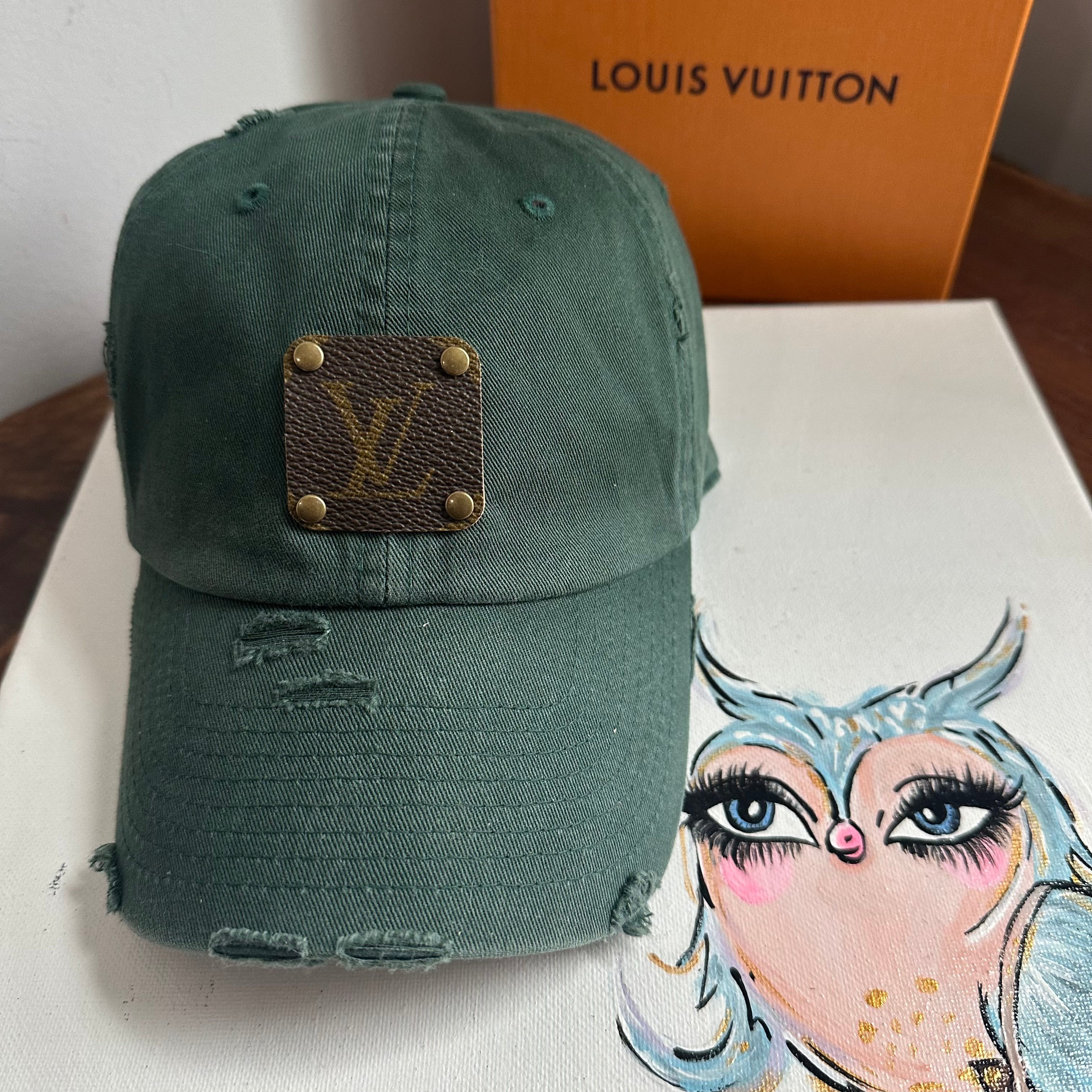 Upcycled LV Patch on Distressed Forest Green Hat
