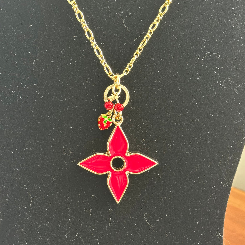 Upcycled LV Quatrefoil Charm Necklace in Deep Red - with Cherries and Strawberry Charms