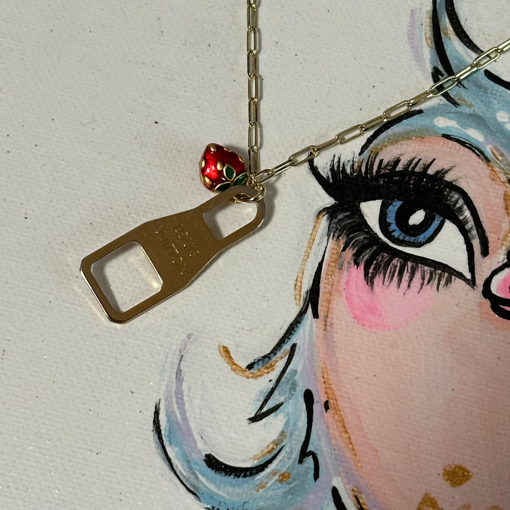 Upcycled Gold LV Zipper Pull with Fruit Charm Necklace