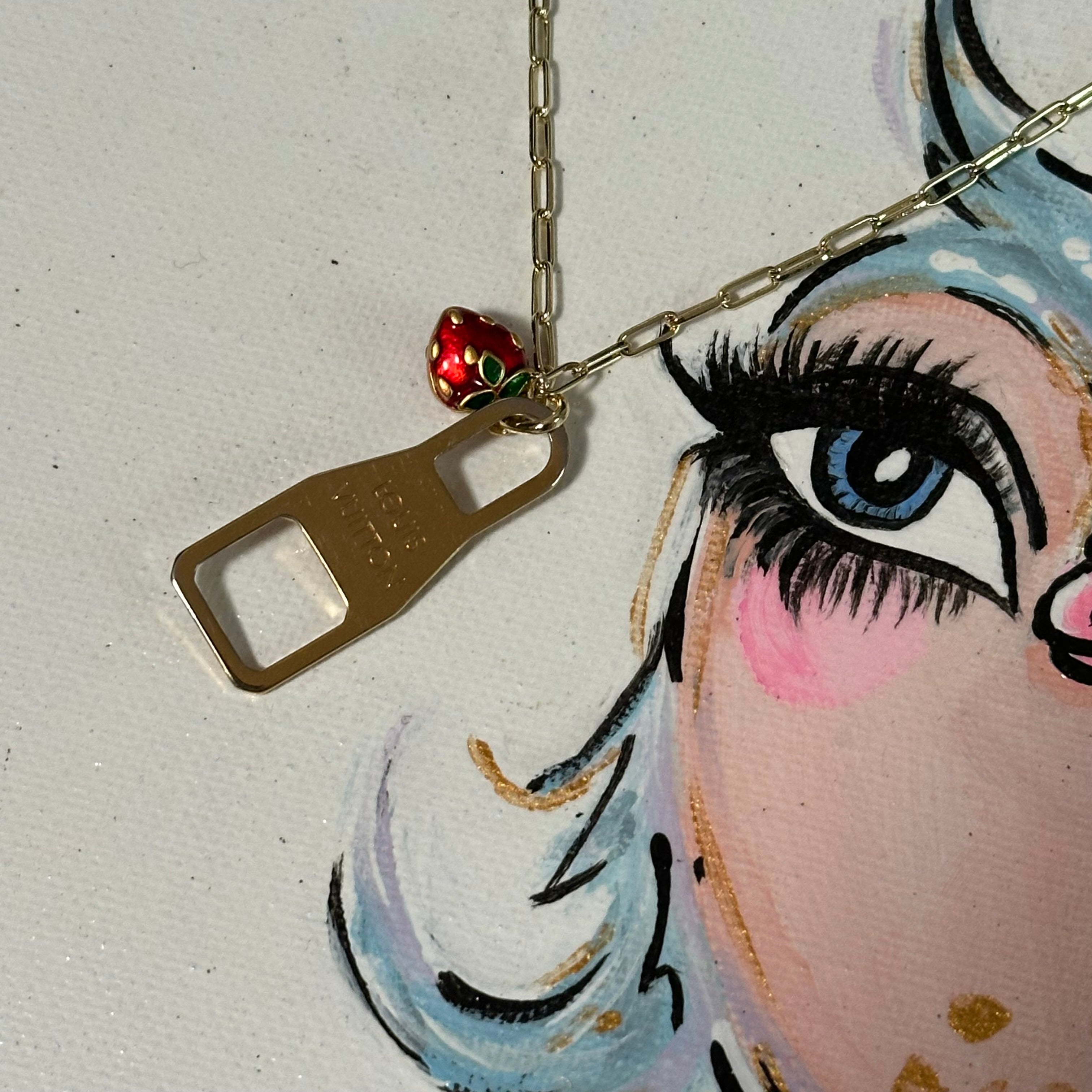 Upcycled Gold LV Zipper Pull with Fruit Charm Necklace