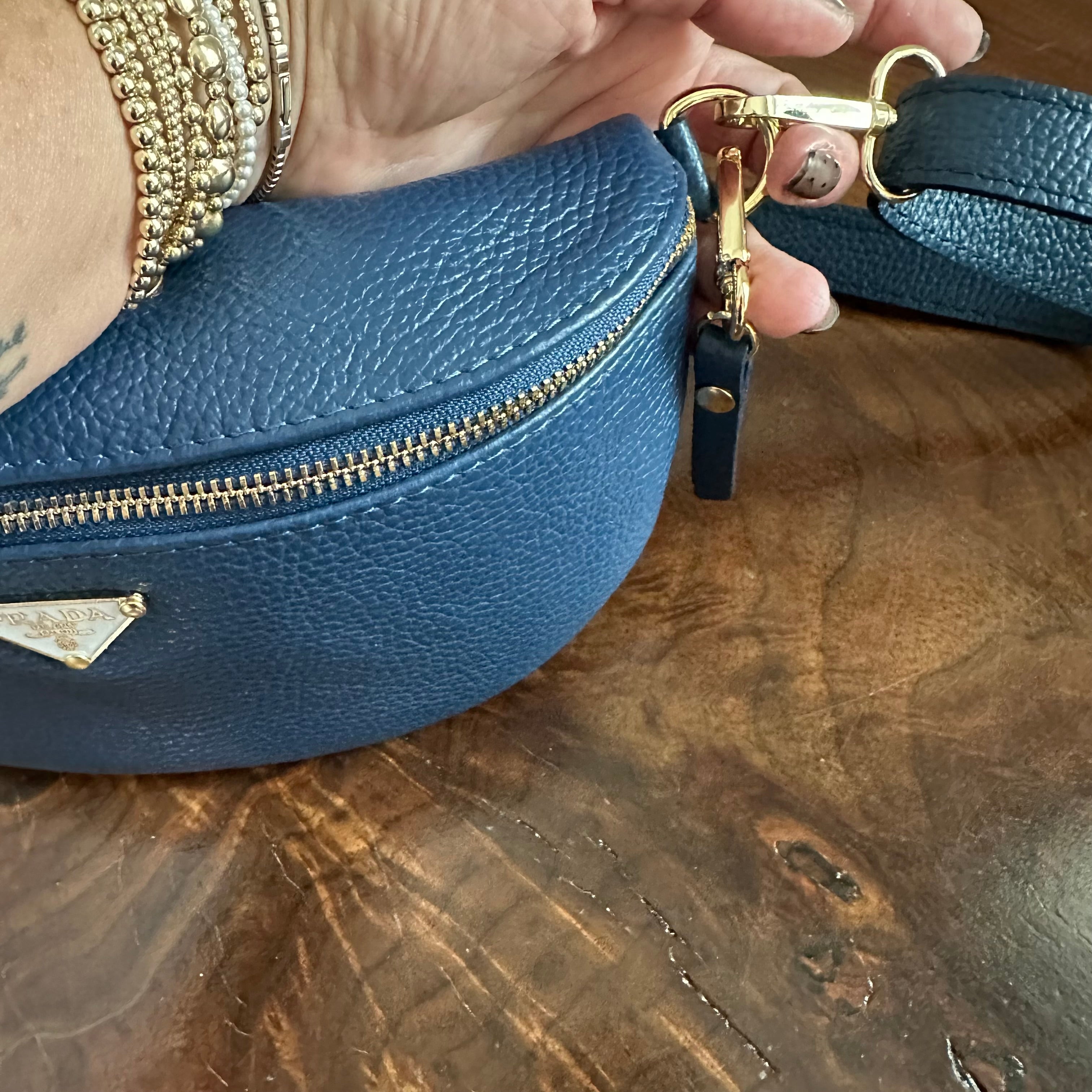 Navy Leather Prada Tag Sling/Fanny Pack Bag Gold (larger)