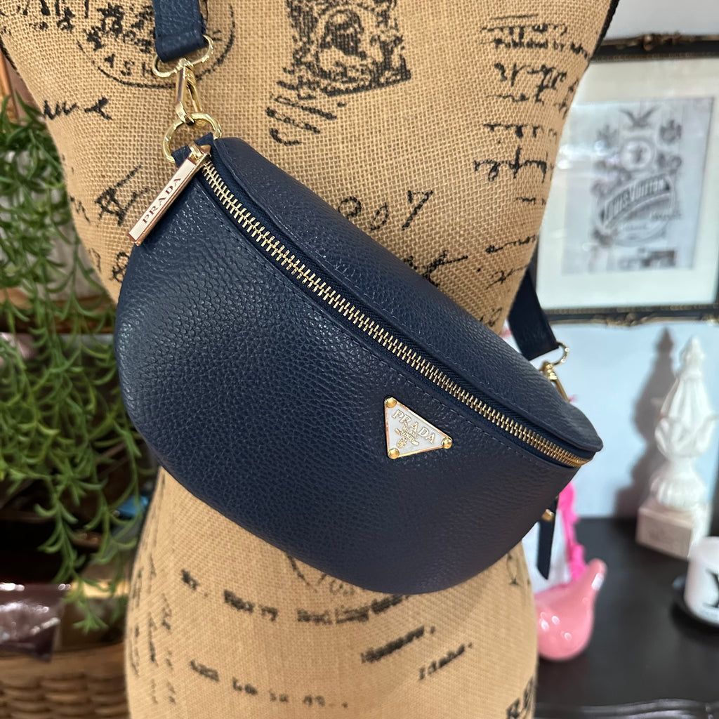 Navy Leather Prada Tag Sling/Fanny Pack Bag Gold (larger)