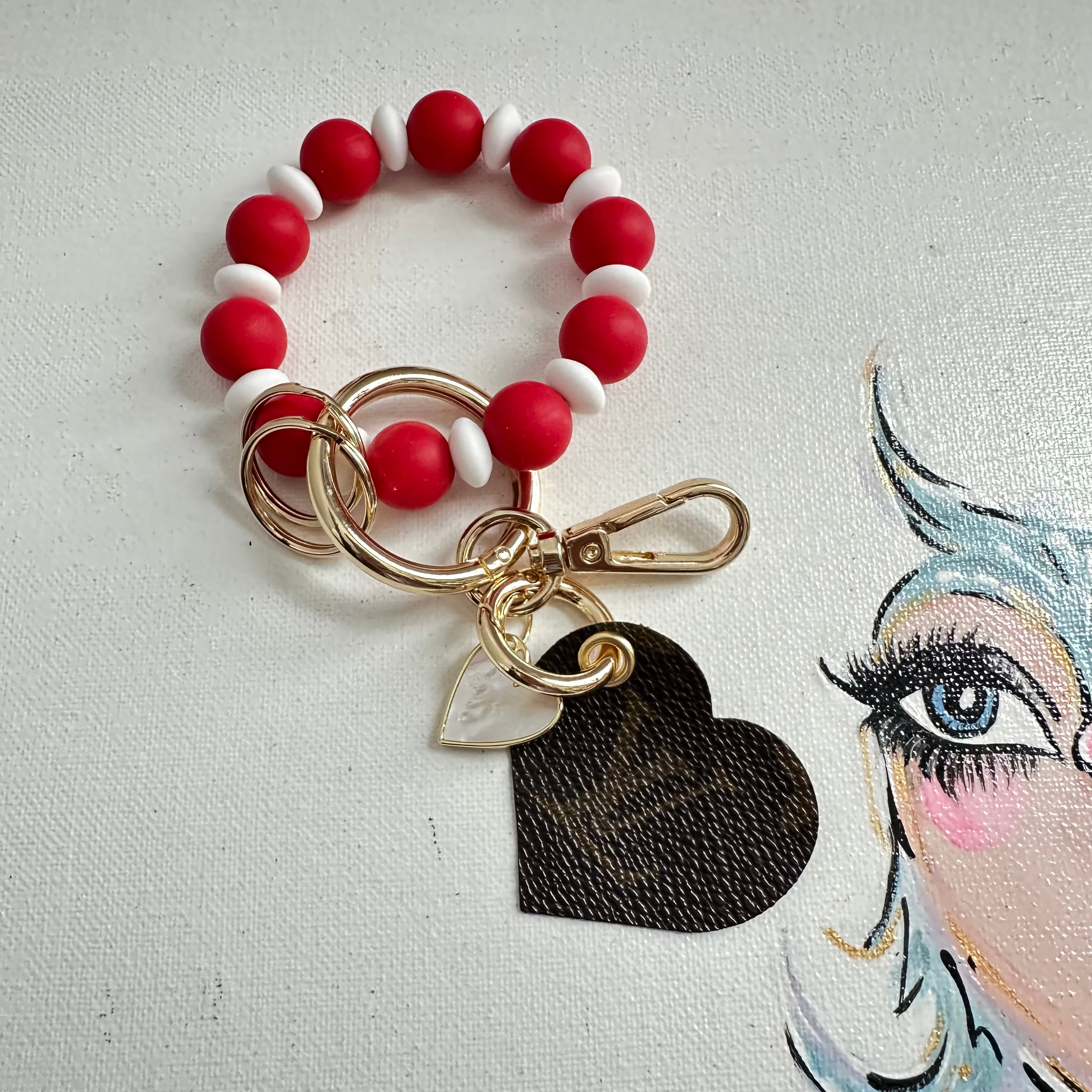 LV Monogram Heart Beaded Bracelet Wristlet Keychain