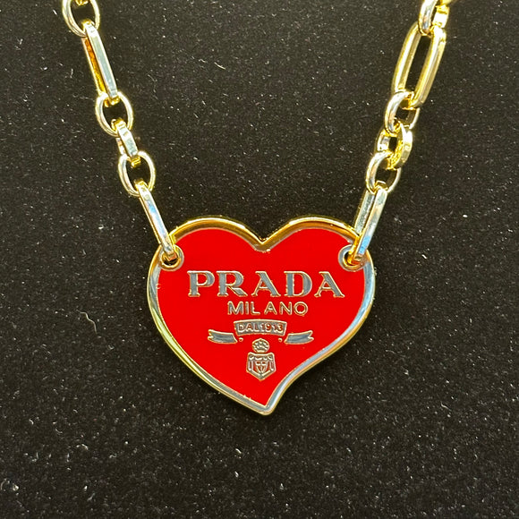 Prada Heart Bag Tag Necklace - Red/Gold on Gold-Filled Paperclip Chain