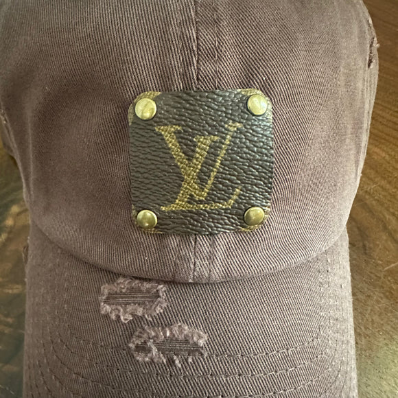 Upcycled LV Patch on Washed Brown Hat