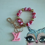 Pink Leopard Beaded Wristlet Keychain with Pink LV Charm