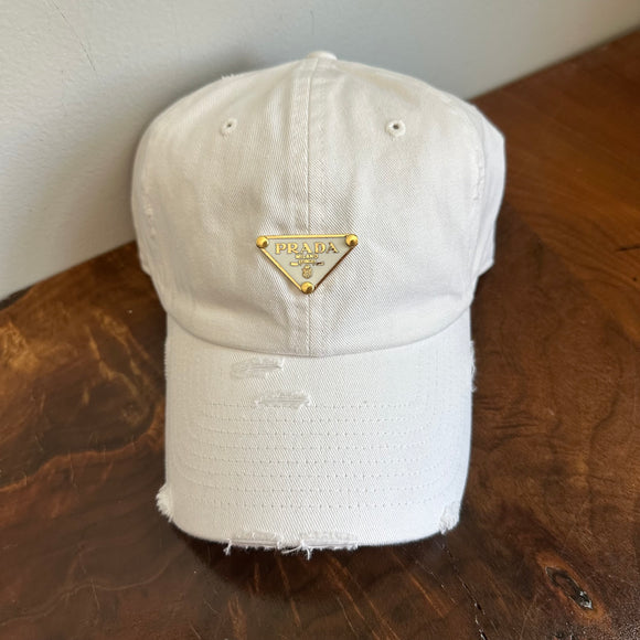 Upcycled White/Gold Prada Tag Hat in White