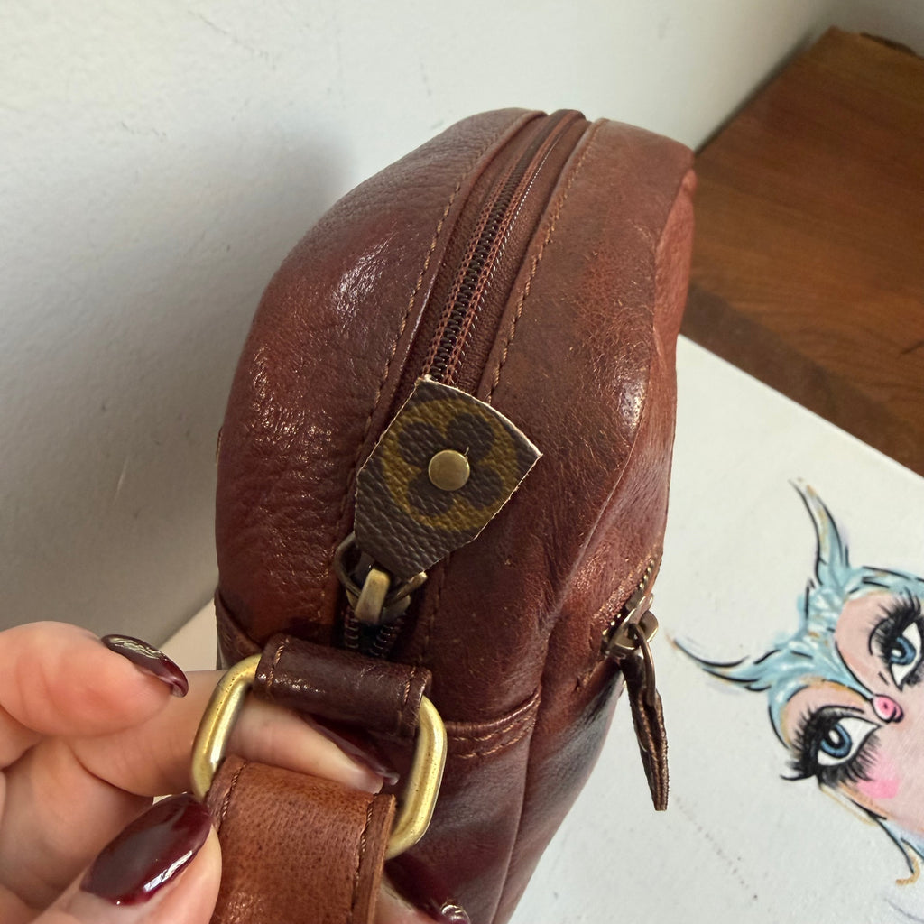 Cognac Leather Messenger Bag with LV Monogram Patch