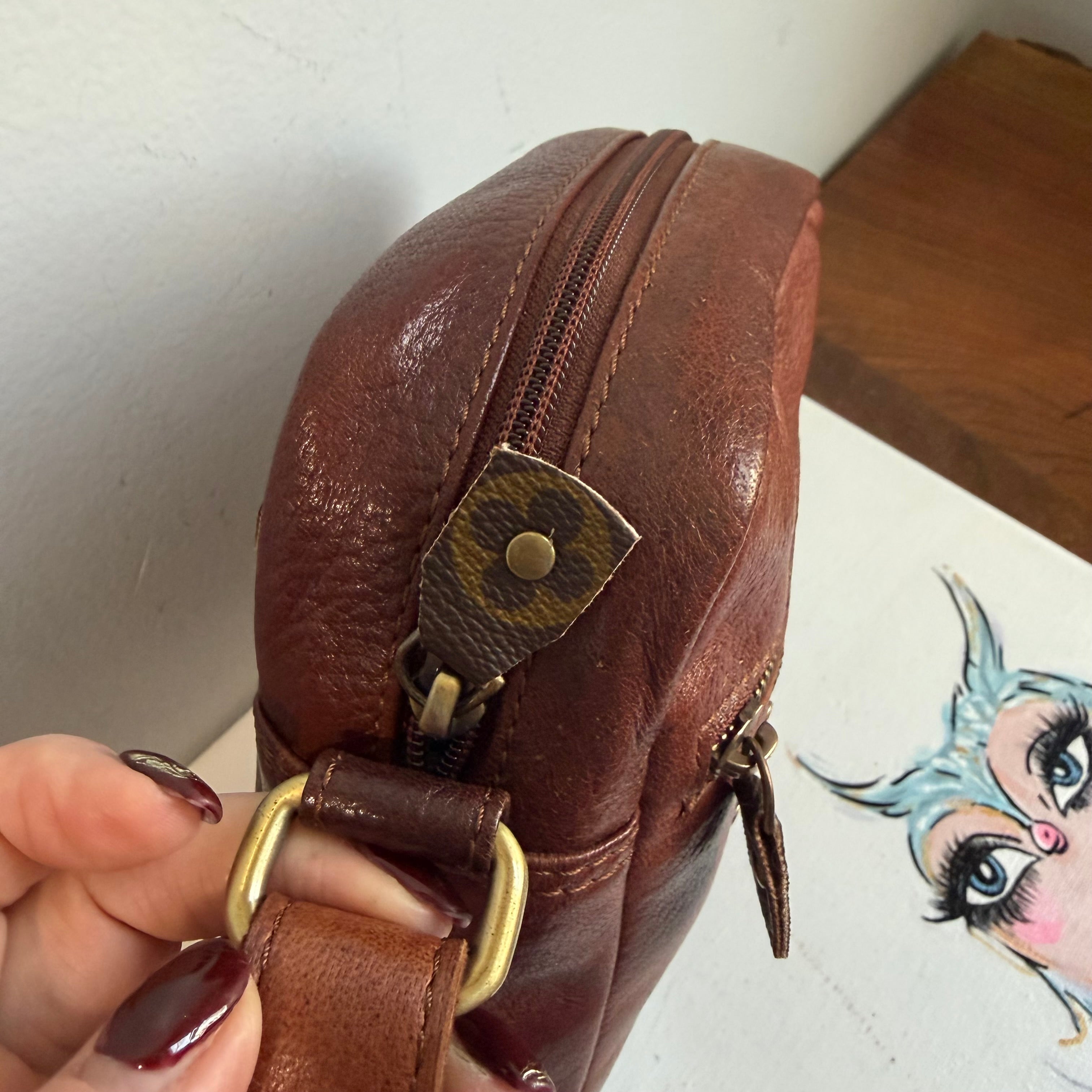 Cognac Leather Messenger Bag with LV Monogram Patch