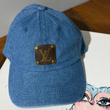 Upcycled LV Patch on Dark Denim Hat