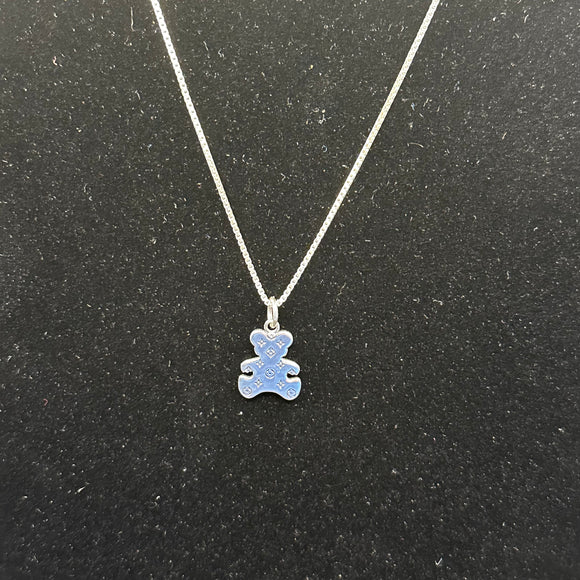 Silver LV Bear Charm on Sterling Box Chain Necklace