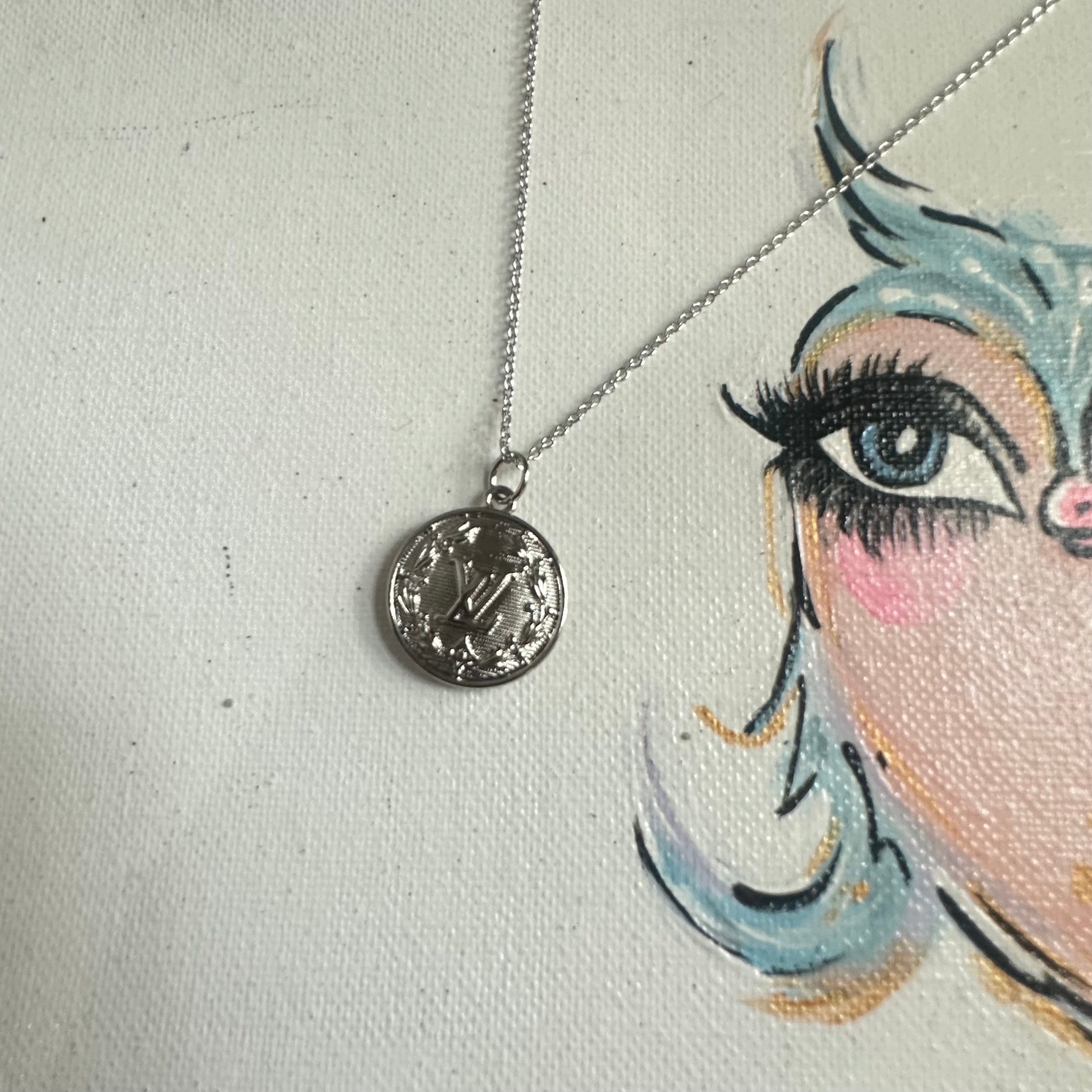 Repurposed LV Charm on WHITE Gold-Filled Necklace (SILVER)