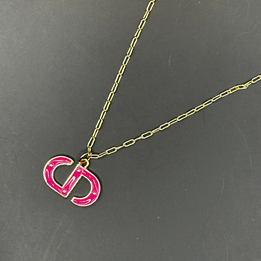 Hot Pink CD Dior Zipper Pull on Tiny Gold-Filled Paperclip Chain Necklace