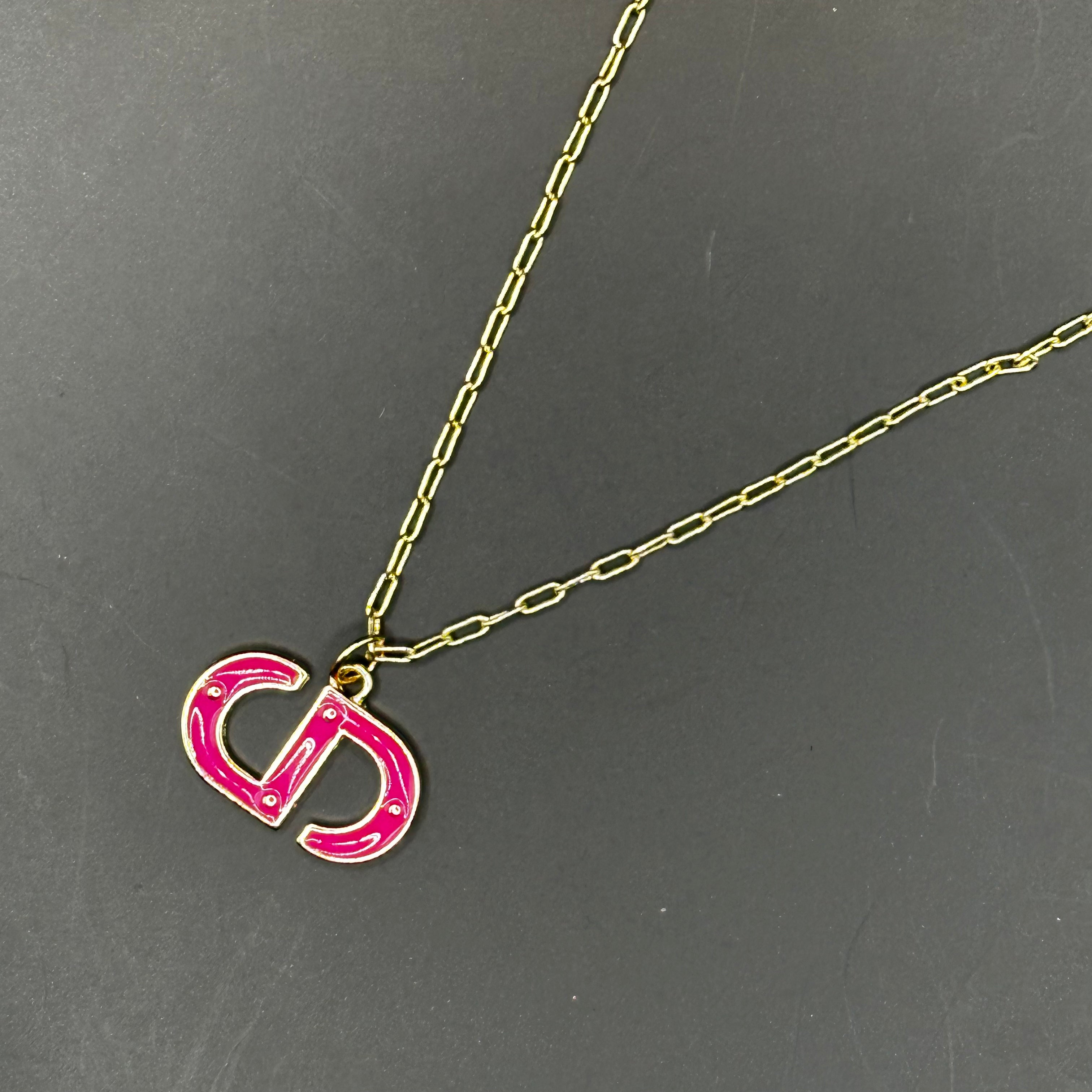 Hot Pink CD Dior Zipper Pull on Tiny Gold-Filled Paperclip Chain Necklace