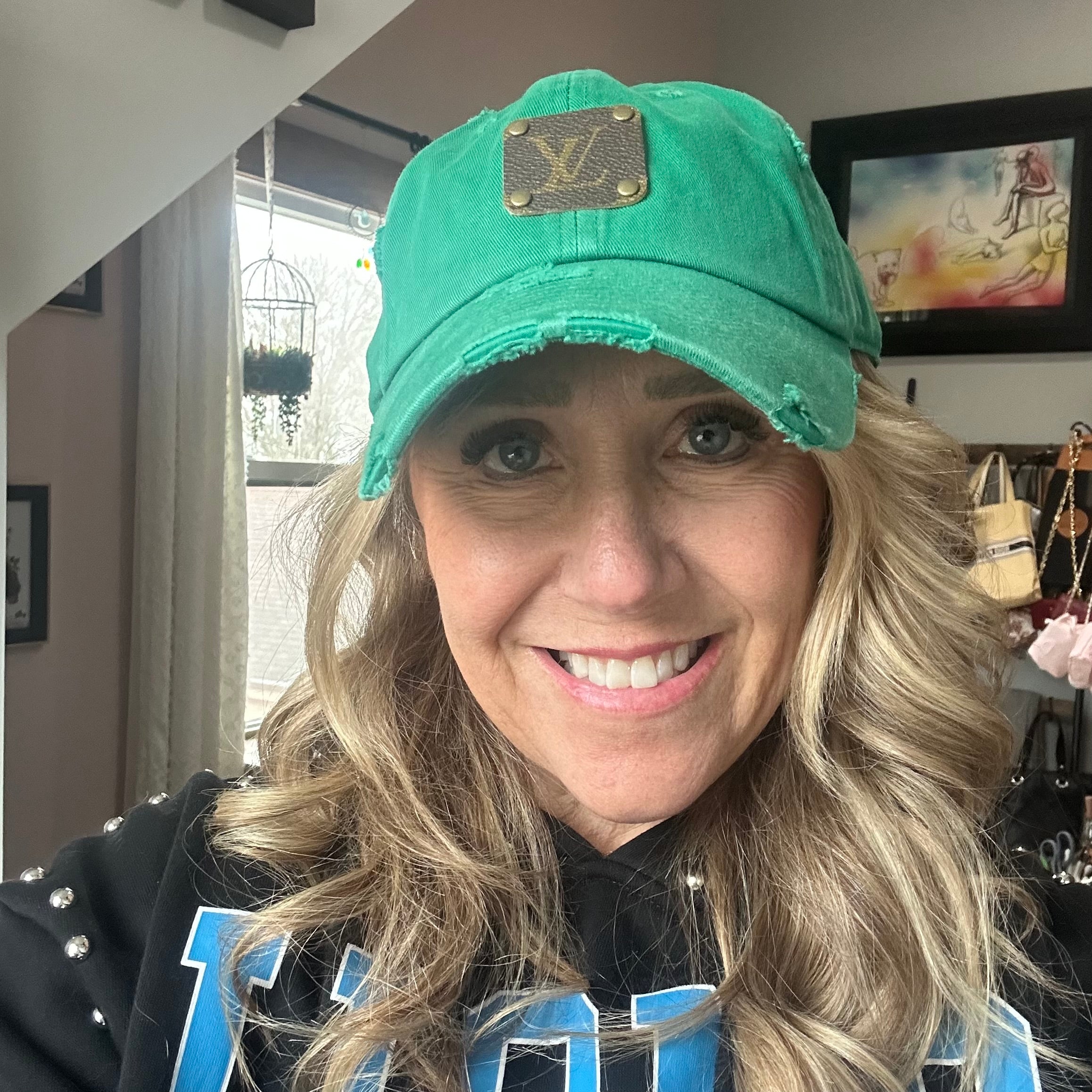 Upcycled LV Patch on Distressed Kelly Green Hat