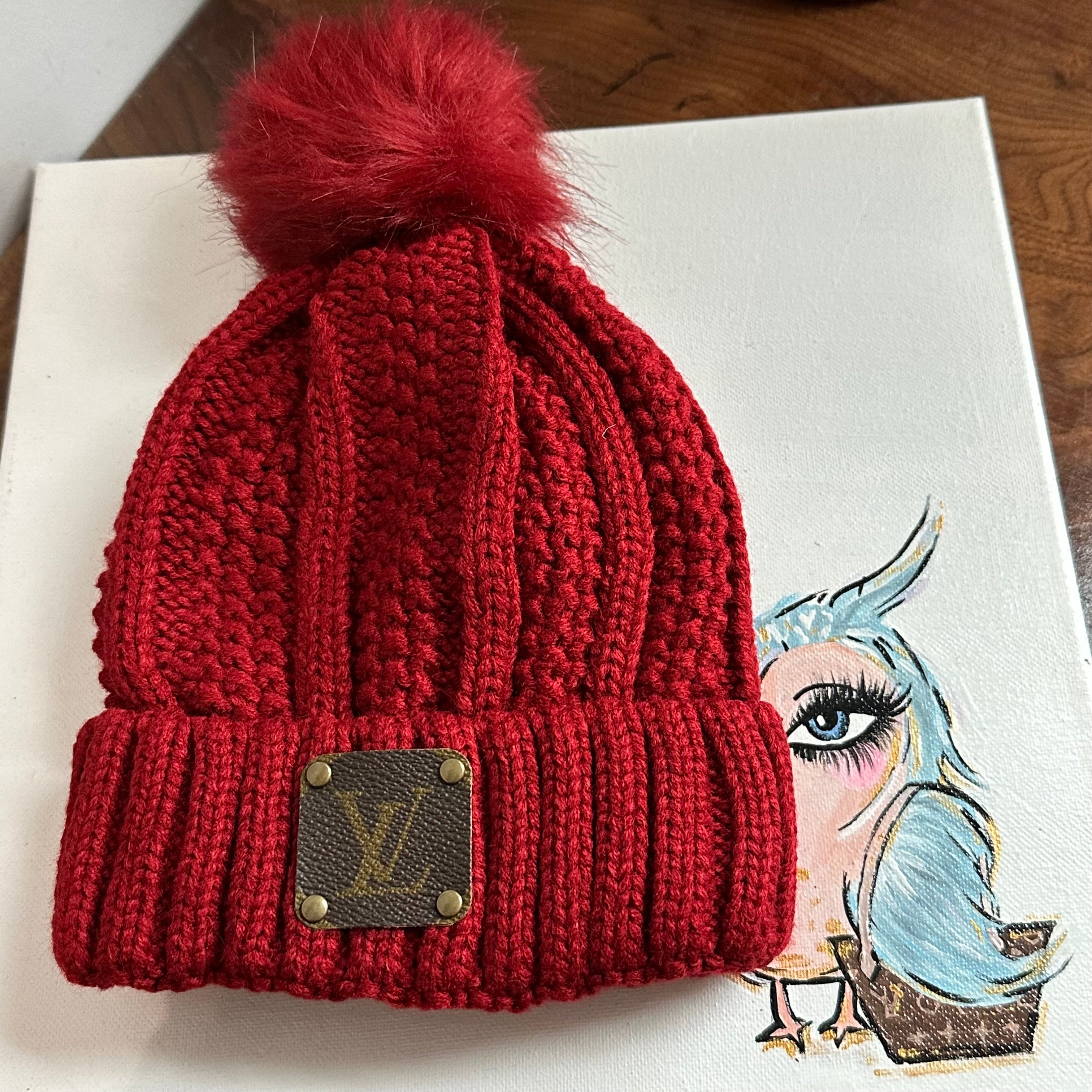 Upcycled LV Patch on Wine Red Pom Beanie Hat