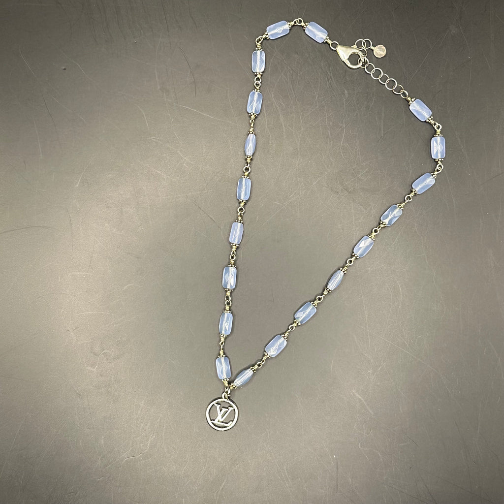 LV Pendant on Pale Blue Chalcedony Necklace