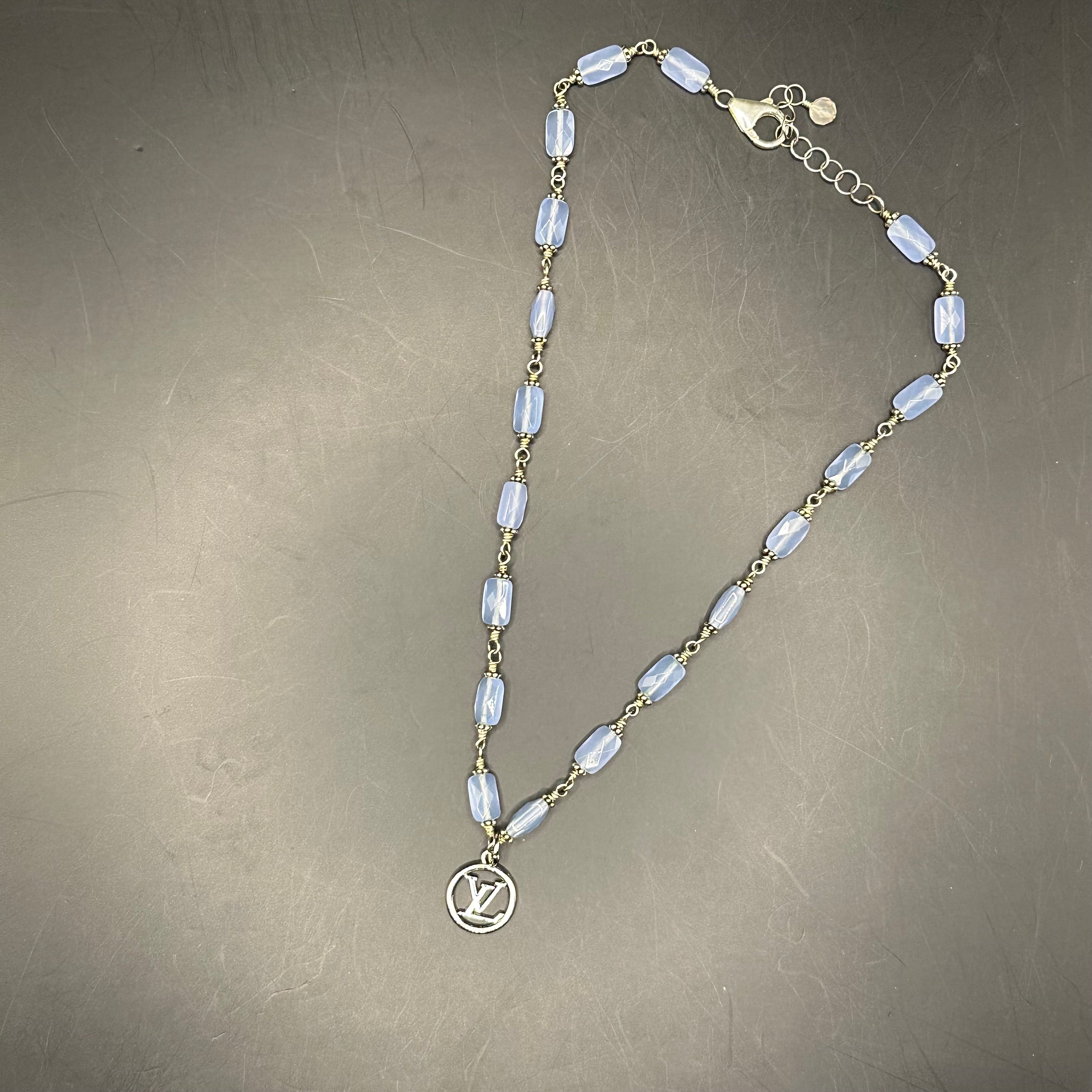 LV Pendant on Pale Blue Chalcedony Necklace