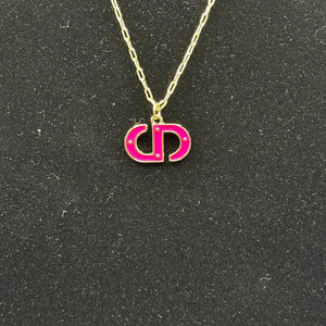 Hot Pink CD Dior Zipper Pull on Tiny Gold-Filled Paperclip Chain Necklace