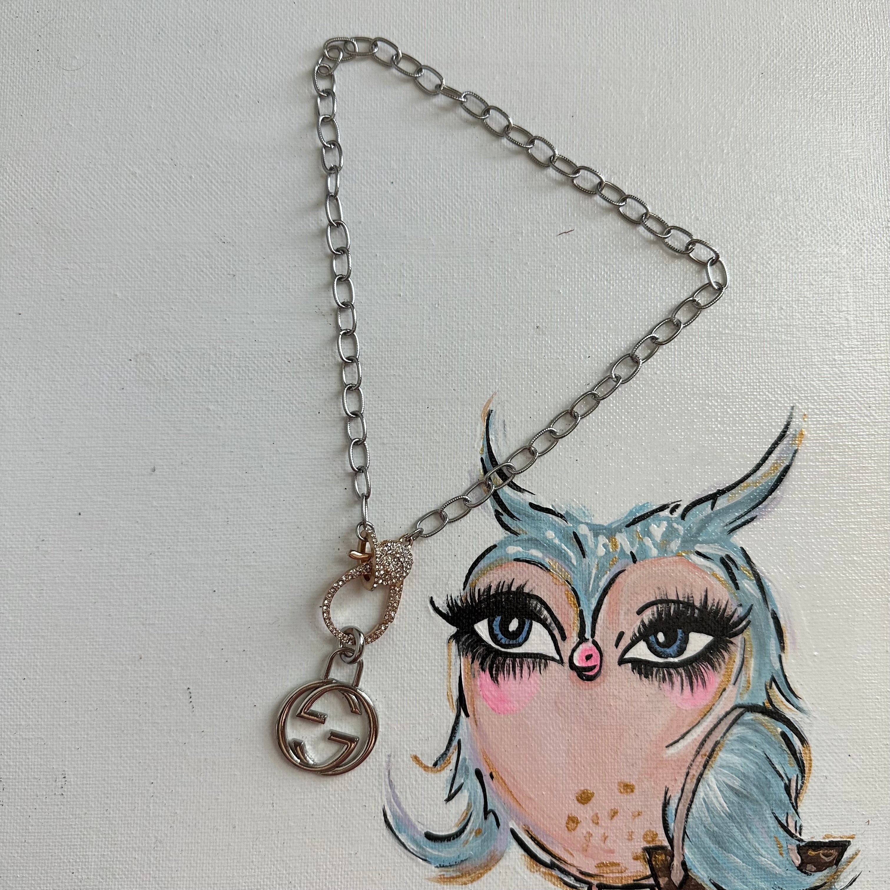 Silver GG Zipper pull on Silver Necklace with fun Rose Gold Clasp