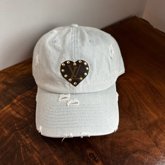 Light Denim Distressed Hat - with Heart Shaped Upcycled LV Patch