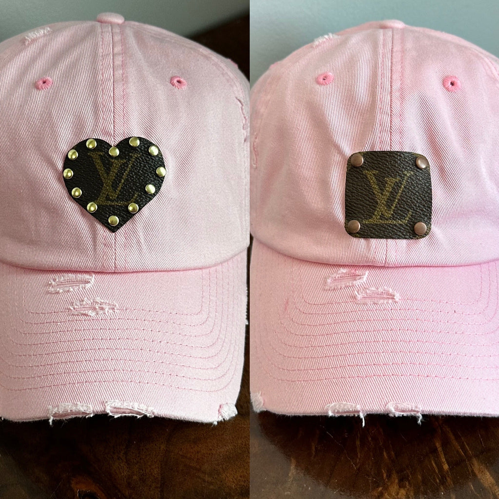 Upcycled LV Patch on Distressed Pink Hat