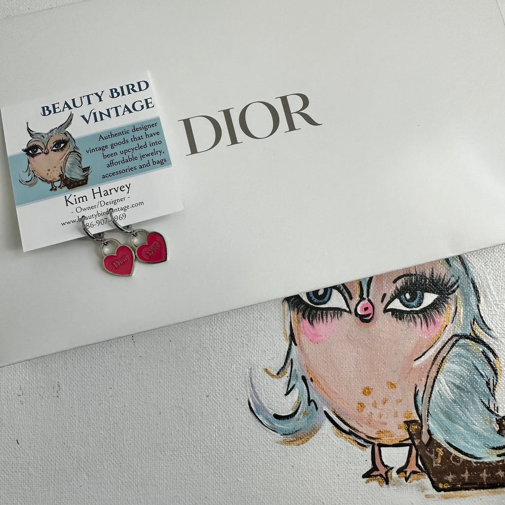 Pink Heart Dior Zipper Pull Earrings - Silver