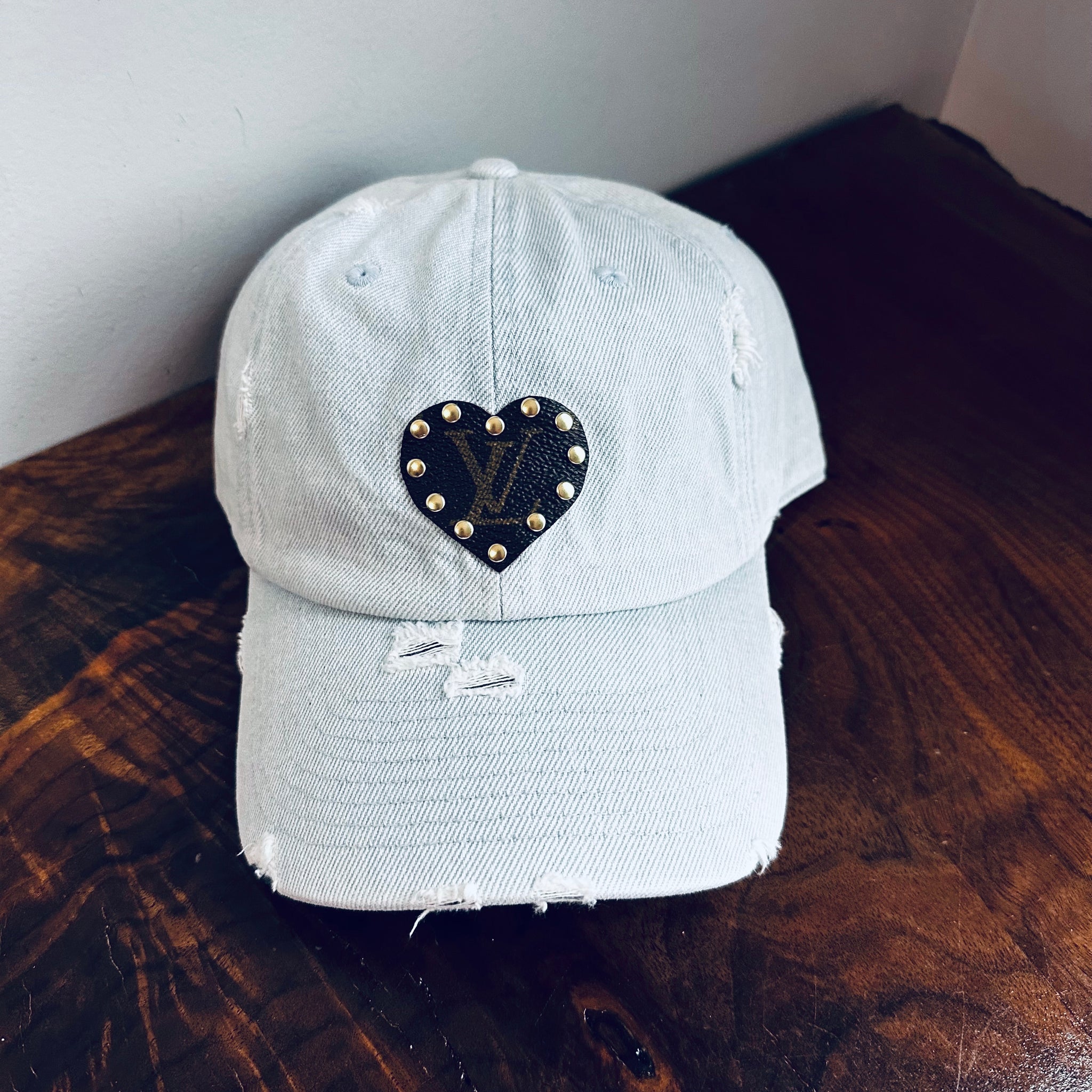 Louis Vuitton Upcycled Distressed Denim Cap Upcycled LV Patch on Distressed Dark Denim Hat – Beauty Bird  main image 4
