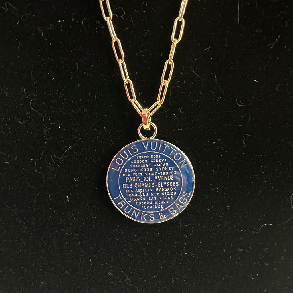Large Navy LV Trunks & Bags Pendant on Gold-Filled Paperclip Chain Necklace