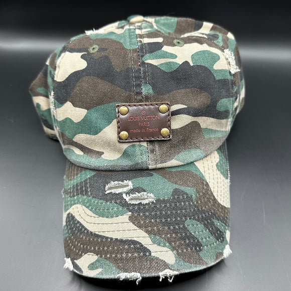 Camo Distressed Hat with LV Patch
