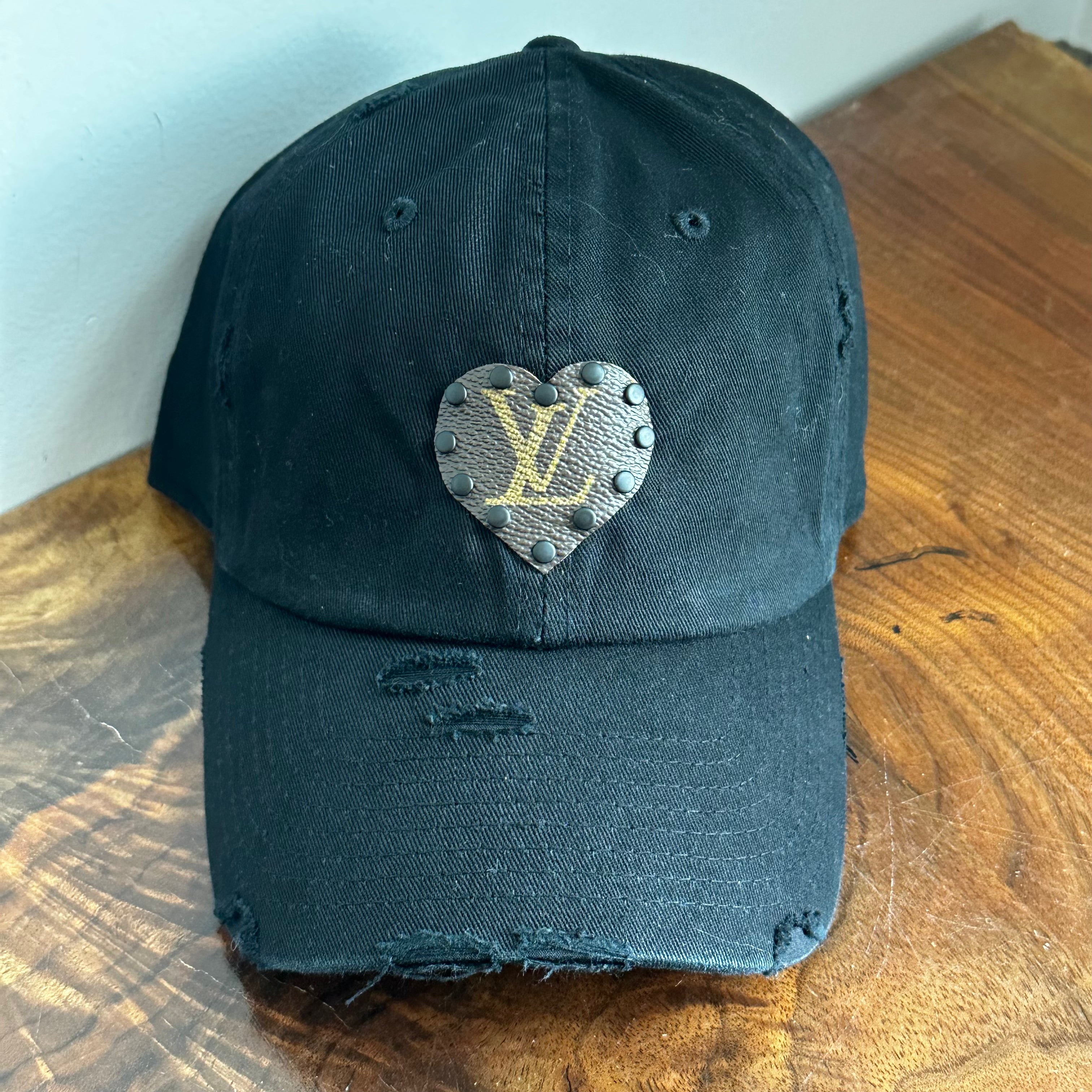 Upcycled LV Patch on Distressed Black Hat