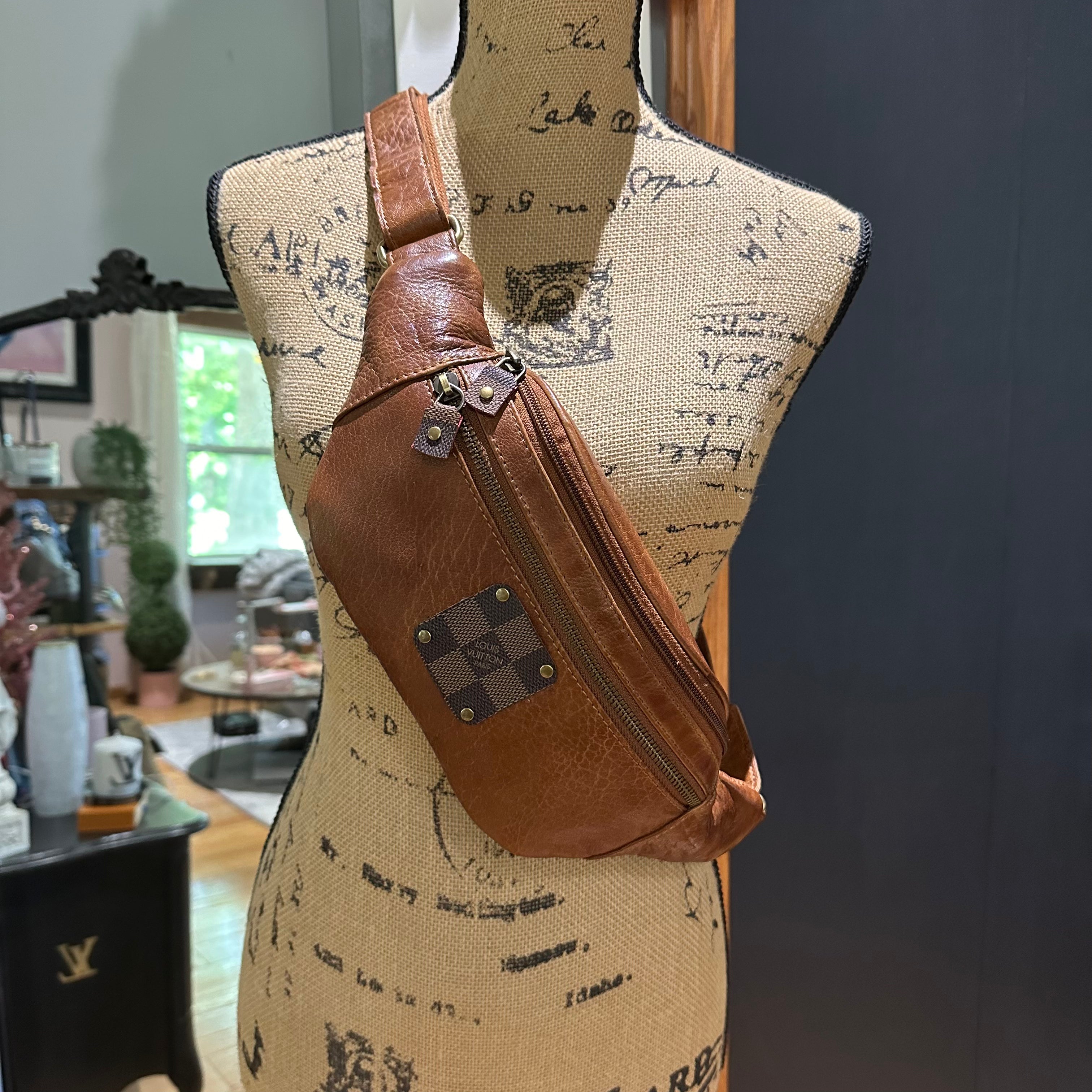 Dark Tan Leather Sling Bag/Fanny Pack/Bumbag - Damier Ebene LV