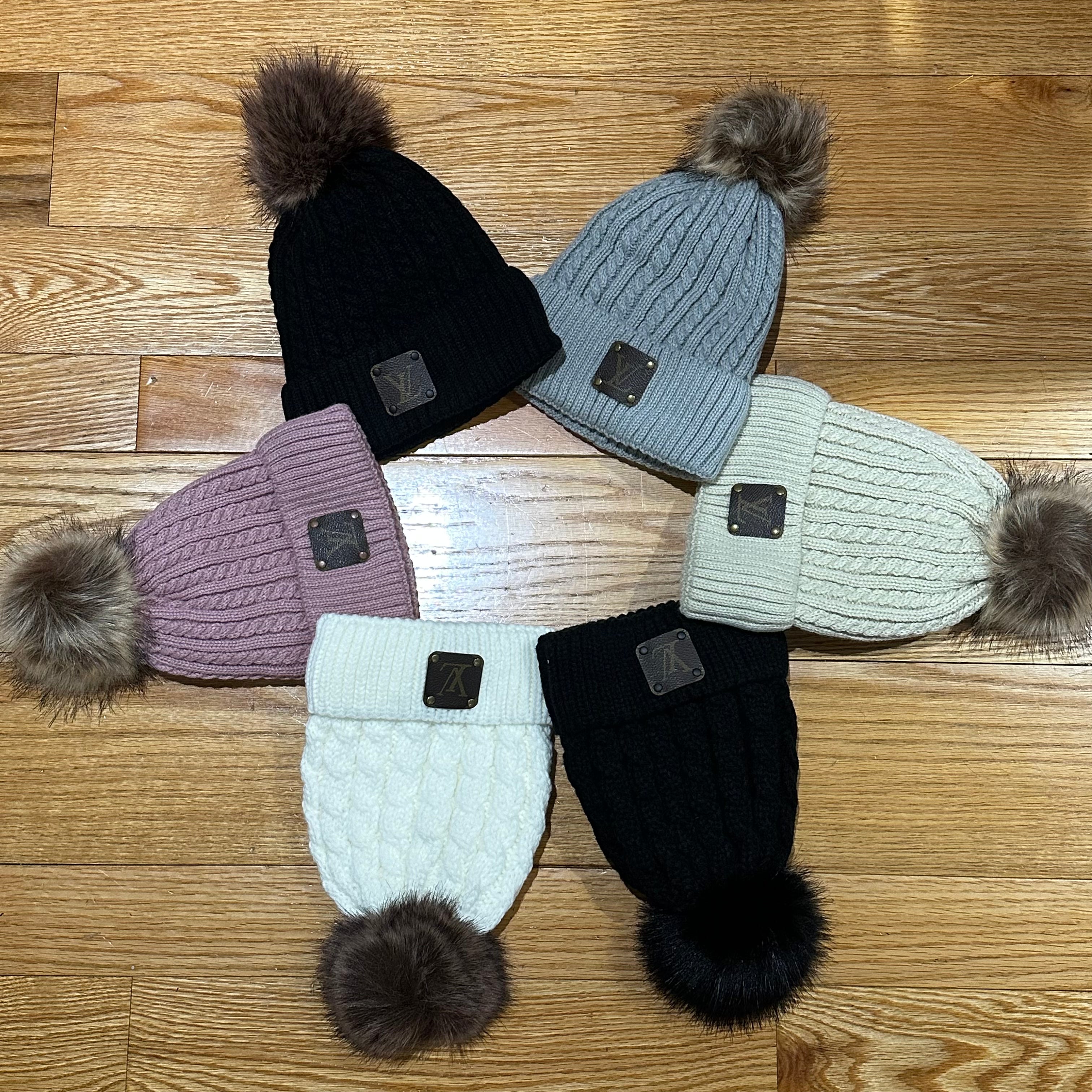 Pom-Pom Beanie Hat - Upcycled LV Patch in Monogram