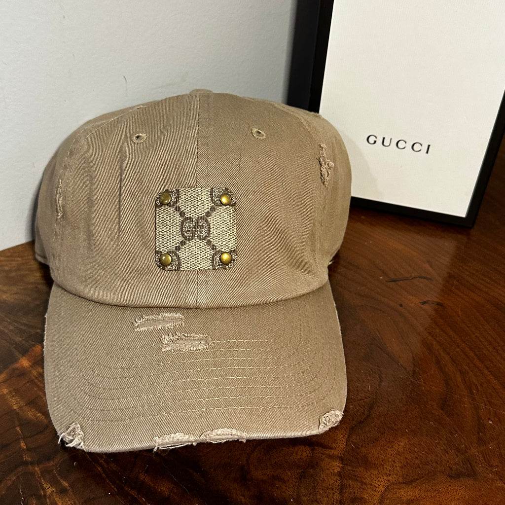 Upcycled Brown GG Patch on Distressed Tan Hat