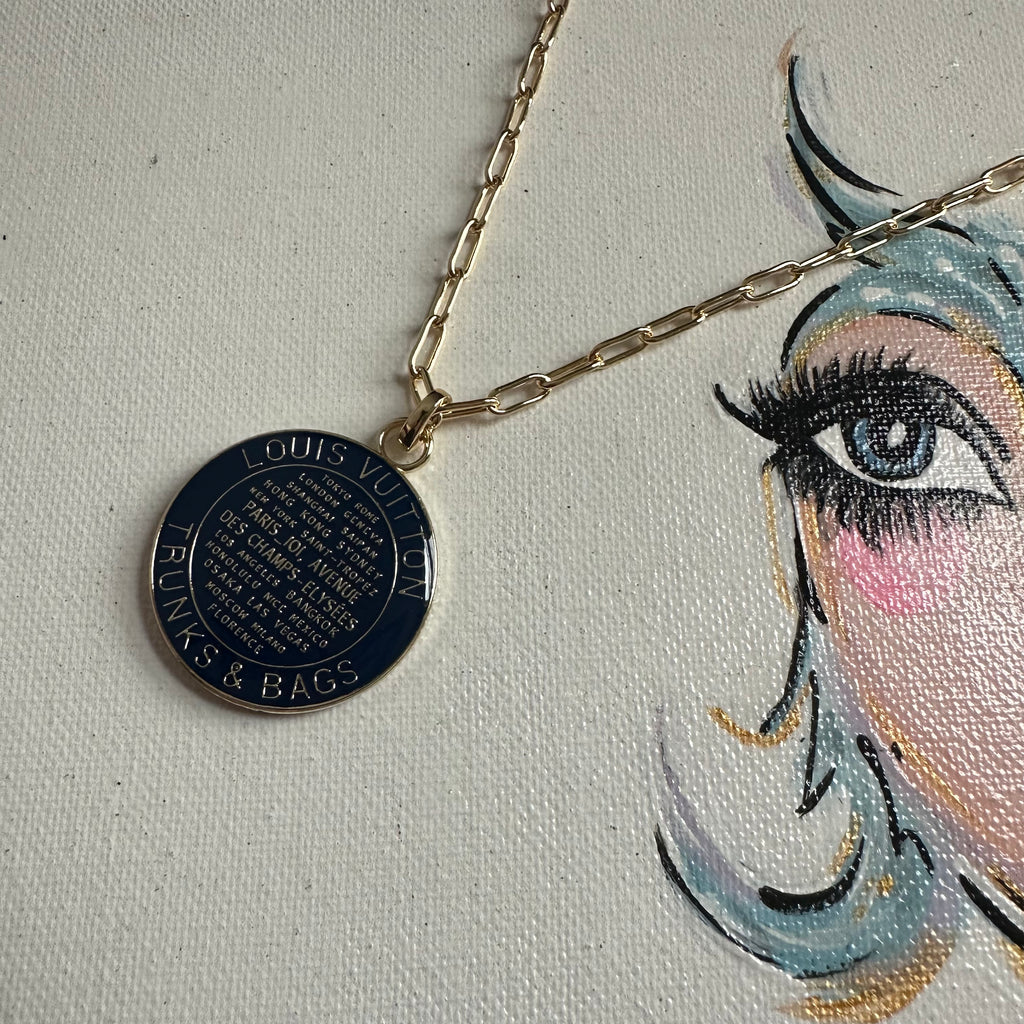 Large Navy LV Trunks & Bags Pendant on Gold-Filled Paperclip Chain Necklace