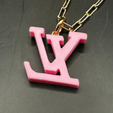Pink Resin LV Pendant on Gold-Filled Paperclip Chain Necklace