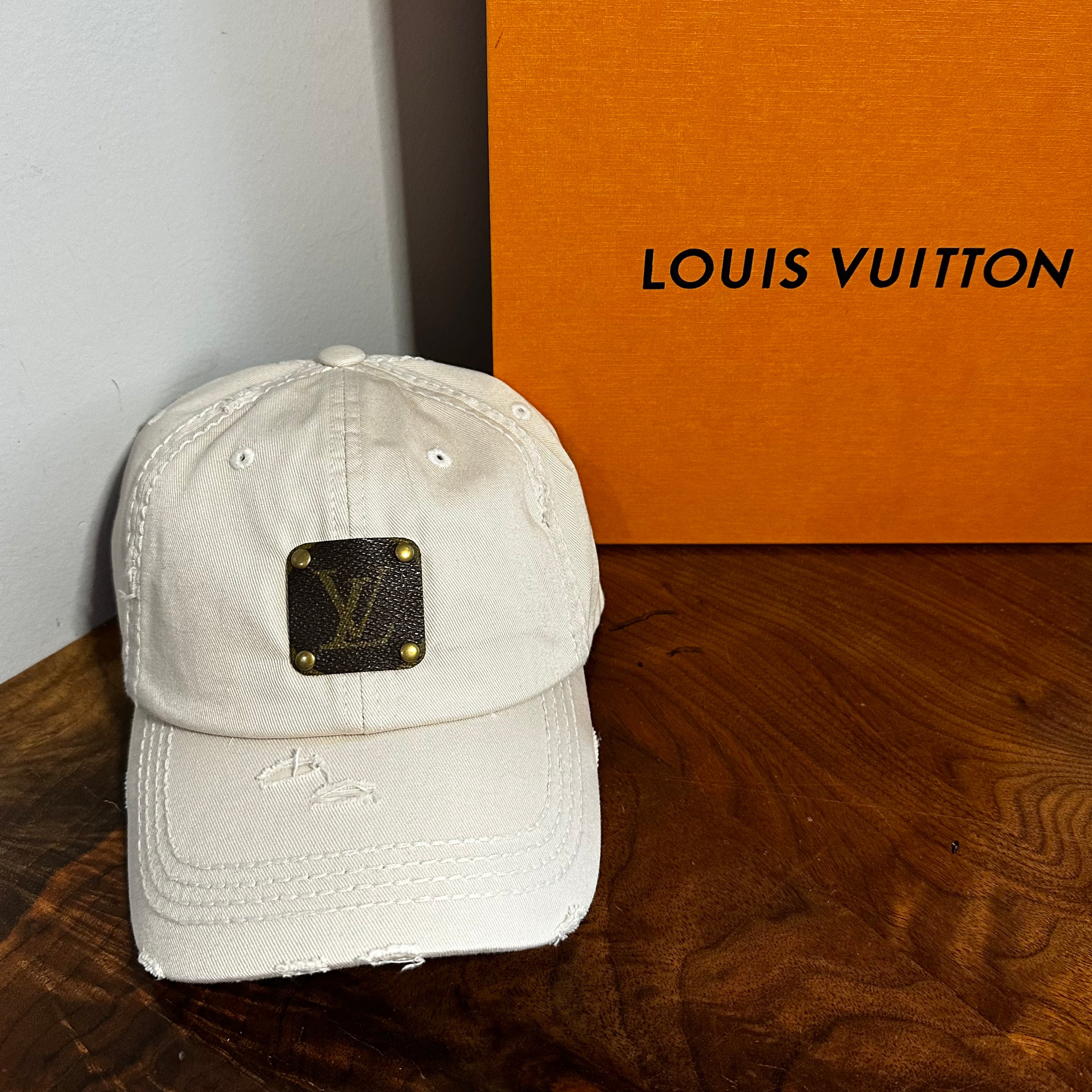 Upcycled LV Patch on Distressed Stone-Colored (off-white) Hat