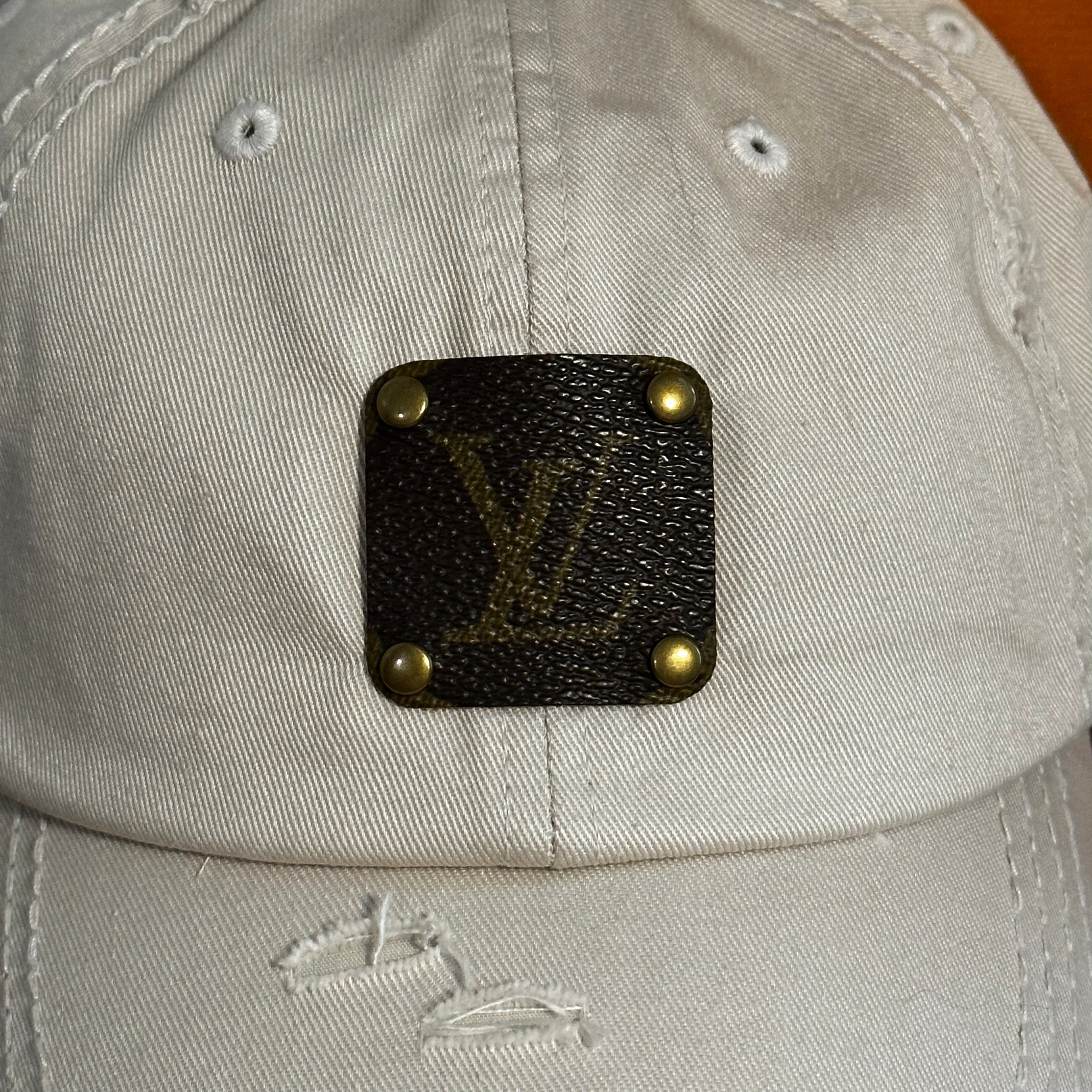 Upcycled LV Patch on Distressed Stone-Colored (off-white) Hat