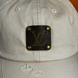Upcycled LV Patch on Distressed Stone-Colored (off-white) Hat