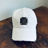 Upcycled LV Patch on Distressed White Hat