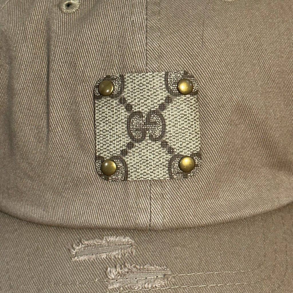 Upcycled Brown GG Patch on Distressed Tan Hat