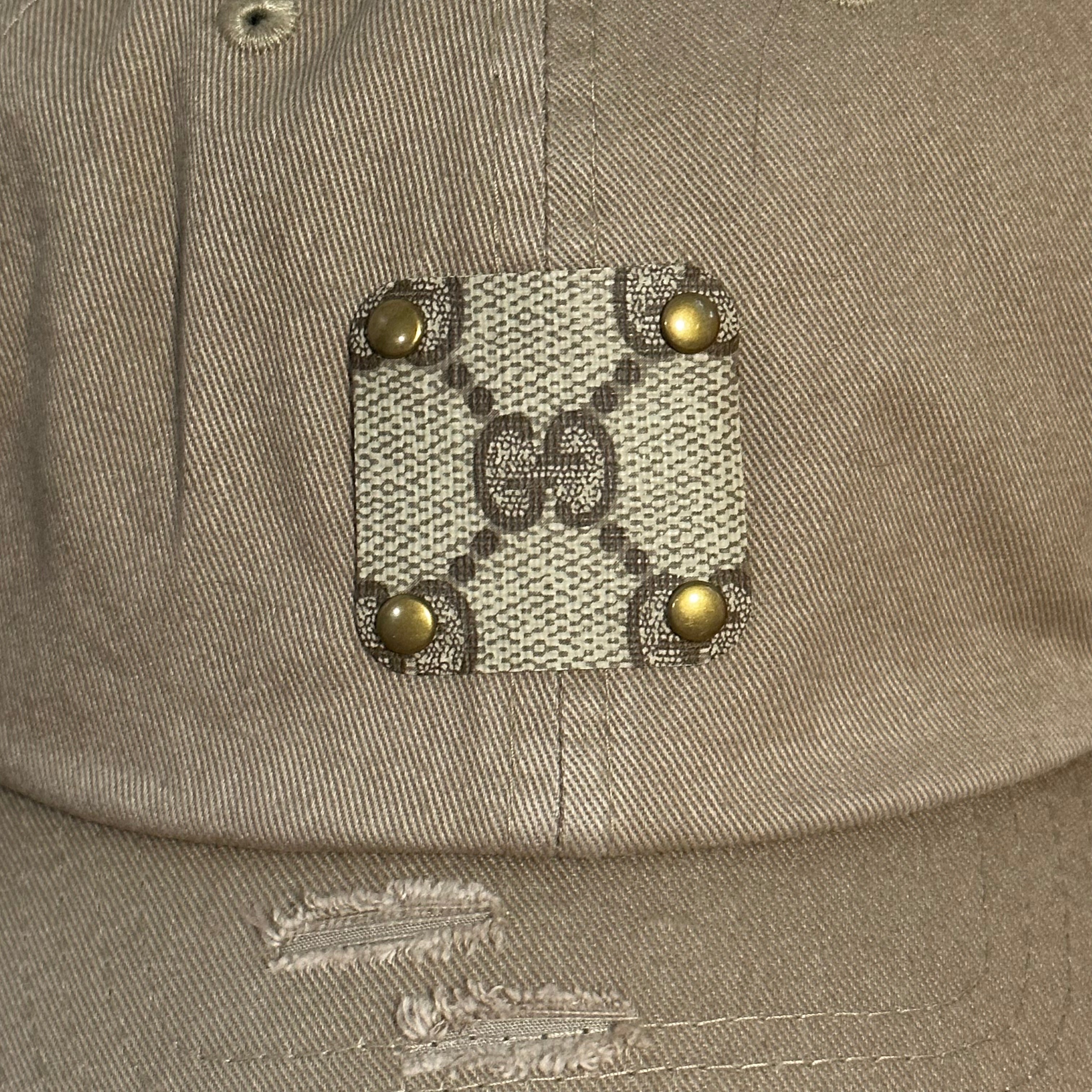 Upcycled Brown GG Patch on Distressed Tan Hat