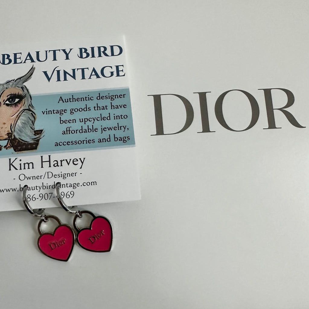 Pink Heart Dior Zipper Pull Earrings - Silver