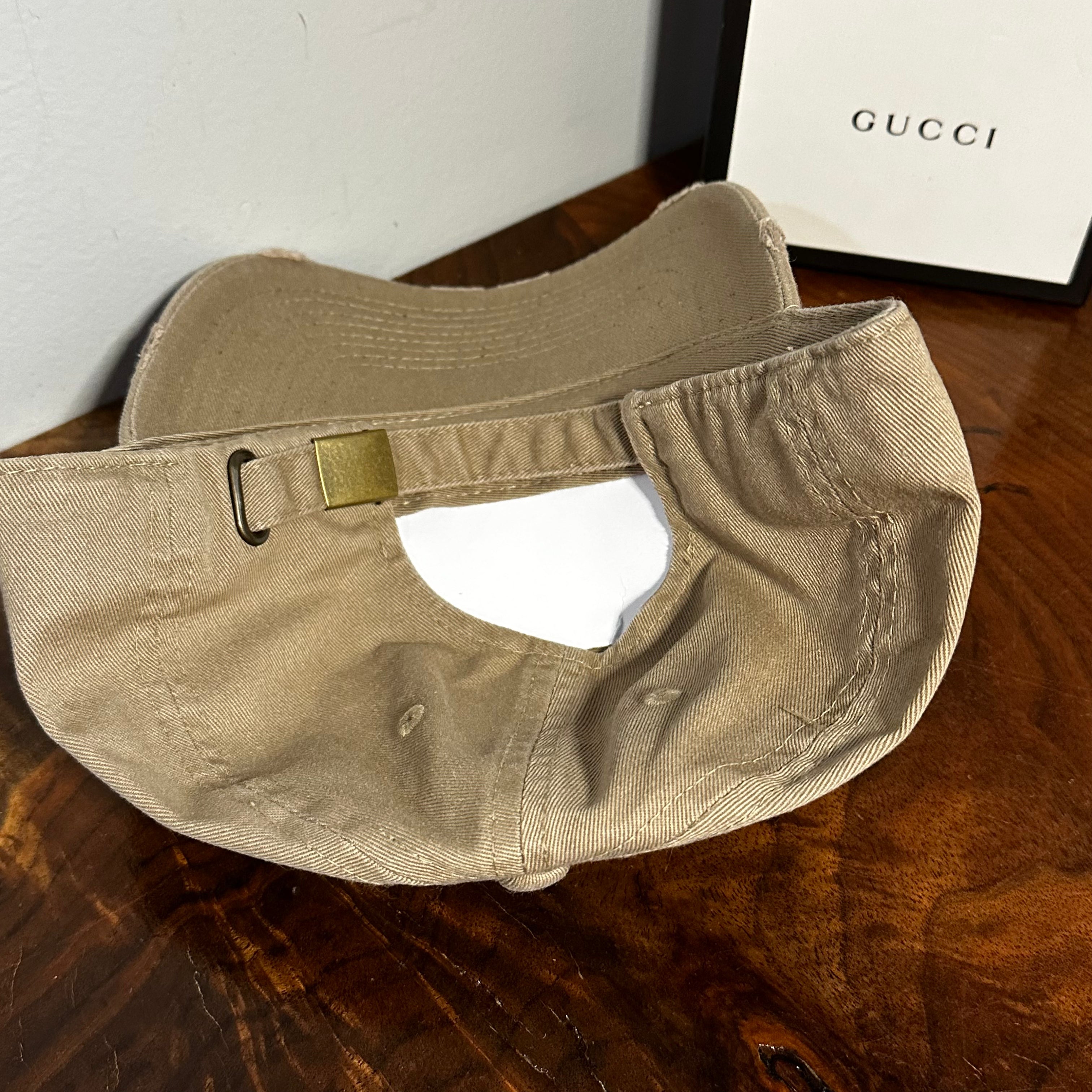 Upcycled Brown GG Patch on Distressed Tan Hat