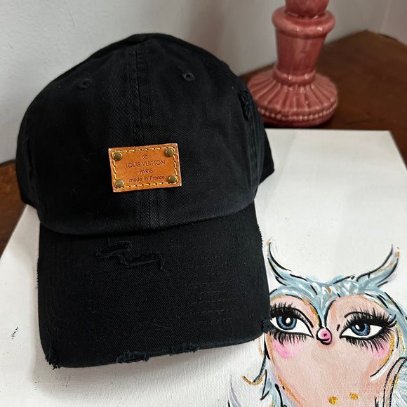 Black Distressed Hat with LV Patch