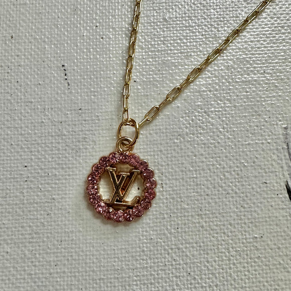 Pink Bling LV Zipper Pull on Gold-Filled Paperclip Chain Necklace