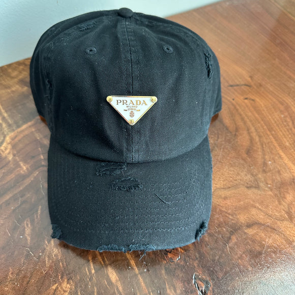Upcycled White/Gold Prada Tag Hat in Black