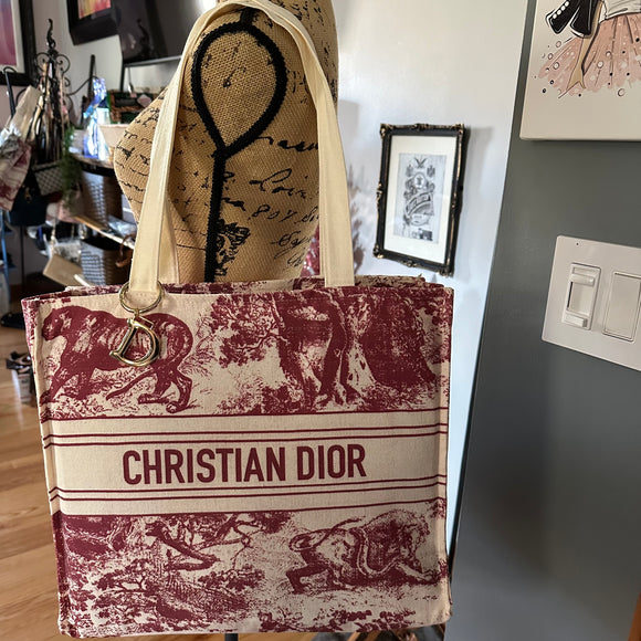 The Tote Bag Canvas Dior in Cream Deep Red Beauty Bird Vintage