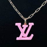 Pink Resin LV Pendant on Gold-Filled Paperclip Chain Necklace